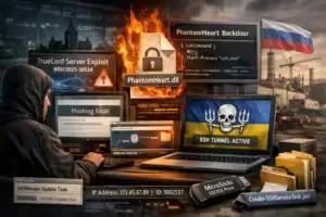 ** Hacker at a desk surrounded by screens displaying cyber threat warnings and code.