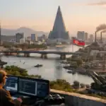 Военный наблюдает за городским пейзажем с небоскрёбами и рекой.