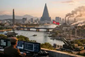 Military officer monitors urban skyline with North Korean flag and iconic tower.