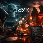 Сцена кіберзлочинців за моніторами в темному приміщенні.