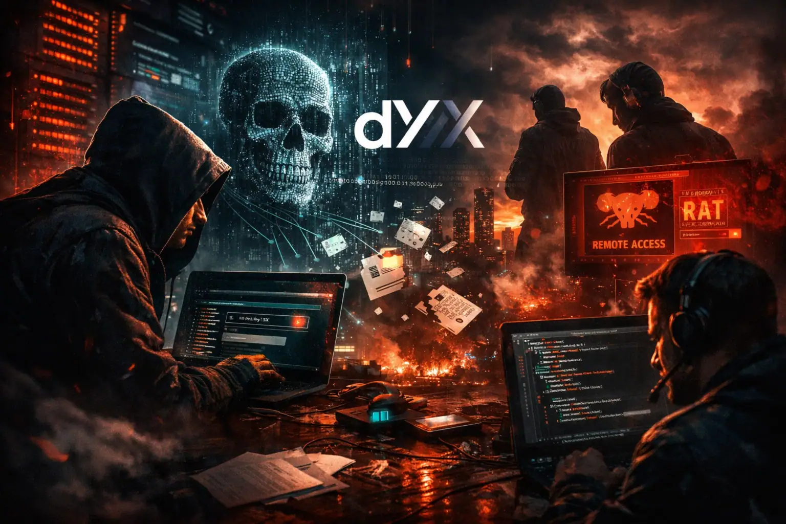 Сцена кіберзлочинців за моніторами в темному приміщенні.