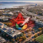 Aerial view of Google campus with a warning symbol and smoke rising from a central area.
