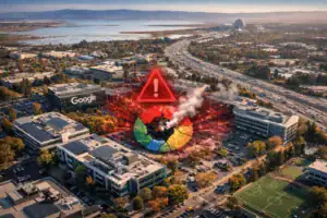 Aerial view of Google campus with a warning symbol and smoke rising from a central area.