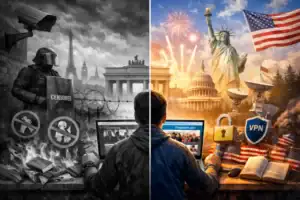 Split scene contrasting censorship with online freedom and celebration.