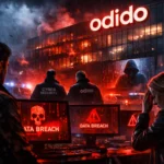 Cybersecurity team responding to a dramatic data breach amid chaos and flames.