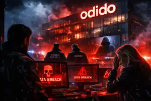 Cybersecurity team responding to a dramatic data breach amid chaos and flames.