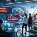 Cybersecurity breach scene with a hacker, staff, and advanced technology visuals.