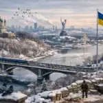 Winter cityscape of Kyiv with a soldier, river, and historic landmarks.