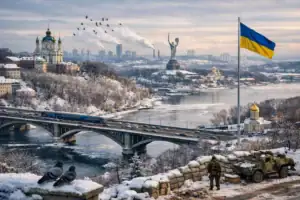 Winter cityscape of Kyiv with a soldier, river, and historic landmarks.