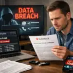 Мужчина изучает уведомление о утечке данных на фоне компьютеров.