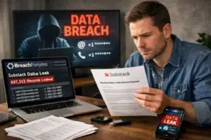 Man reviews data breach notification with multiple screens displaying alerts.