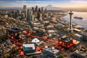 Cybersecurity concept with hacker, cityscape, and laptop displaying malware alert.