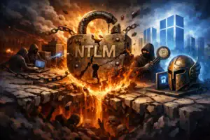 Explosive scene featuring a massive NTLM lock and hooded figures in a tech-themed setting.