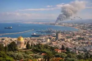 Coastal cityscape with a golden dome and smoke rising in the background.