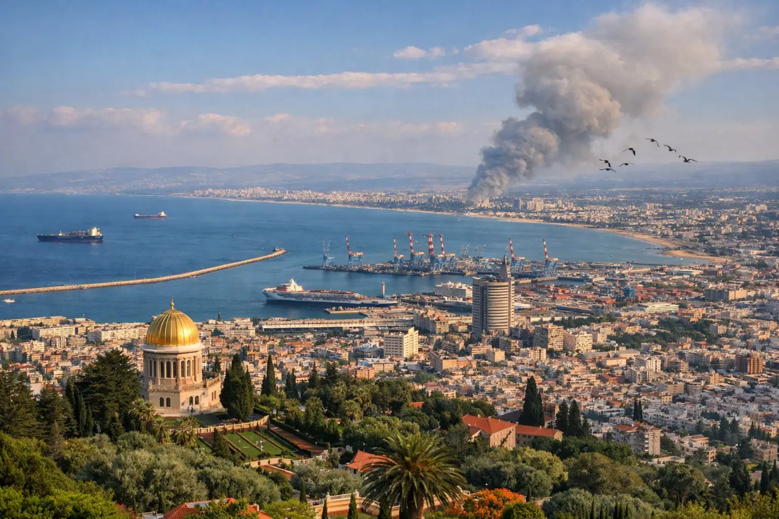 Weitblick auf eine Küstenstadt mit rauchendem Hafen und goldener Kuppel.