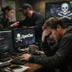 Group of focused individuals working in a tech space, with coding screens and a skull logo.