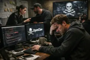 Group of focused individuals working in a tech space, with coding screens and a skull logo.