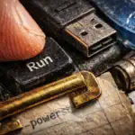 Dedo presionando la tecla "Run" en un teclado con detalles de objetos cercanos.