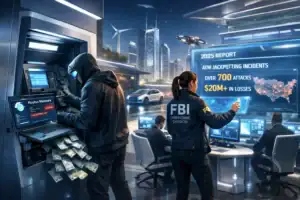 Criminal at ATM, FBI agents analyzing cyber crime data in a futuristic city.