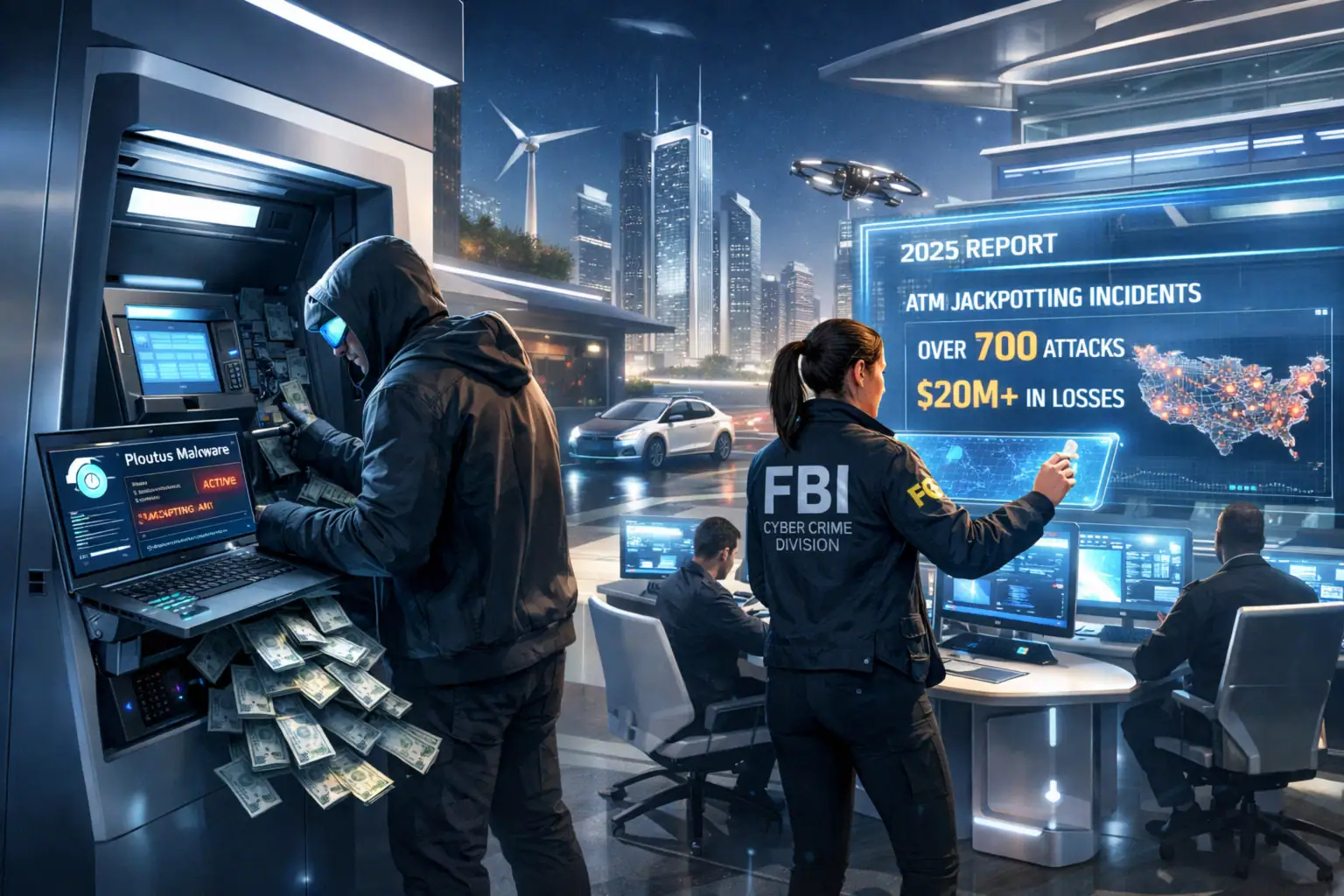 FBI-Agenten überwachen Cyberkriminalität bei einem Geldautomatenüberfall.