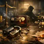 Scales of justice with coins, a broken lock, and a burning paper scene depicting cryptocurrency.