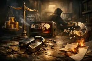 Scales of justice with coins, a broken lock, and a burning paper scene depicting cryptocurrency.