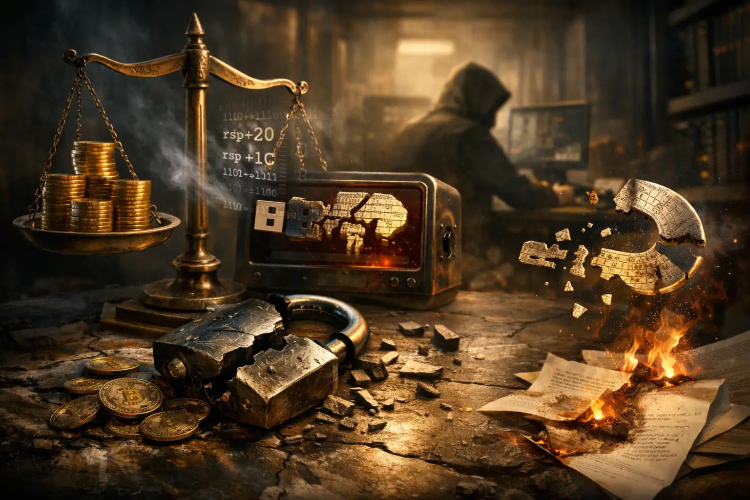 Ваги з золотими монетами, комп'ютер, зламаний замок і документи.