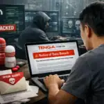 User looks shocked at data breach notice on laptop in cybercrime-themed setting.