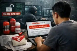 User looks shocked at data breach notice on laptop in cybercrime-themed setting.