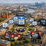 Aerial view of a city with visual links to digital communication and technology.