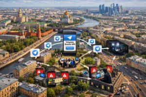 Aerial view of a city with visual links to digital communication and technology.