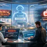 Two individuals in a futuristic setting dealing with cybersecurity threats.