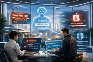 Two individuals in a futuristic setting dealing with cybersecurity threats.