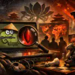 Laptop displaying Notepad++ with a magnifying glass on a mysterious object.