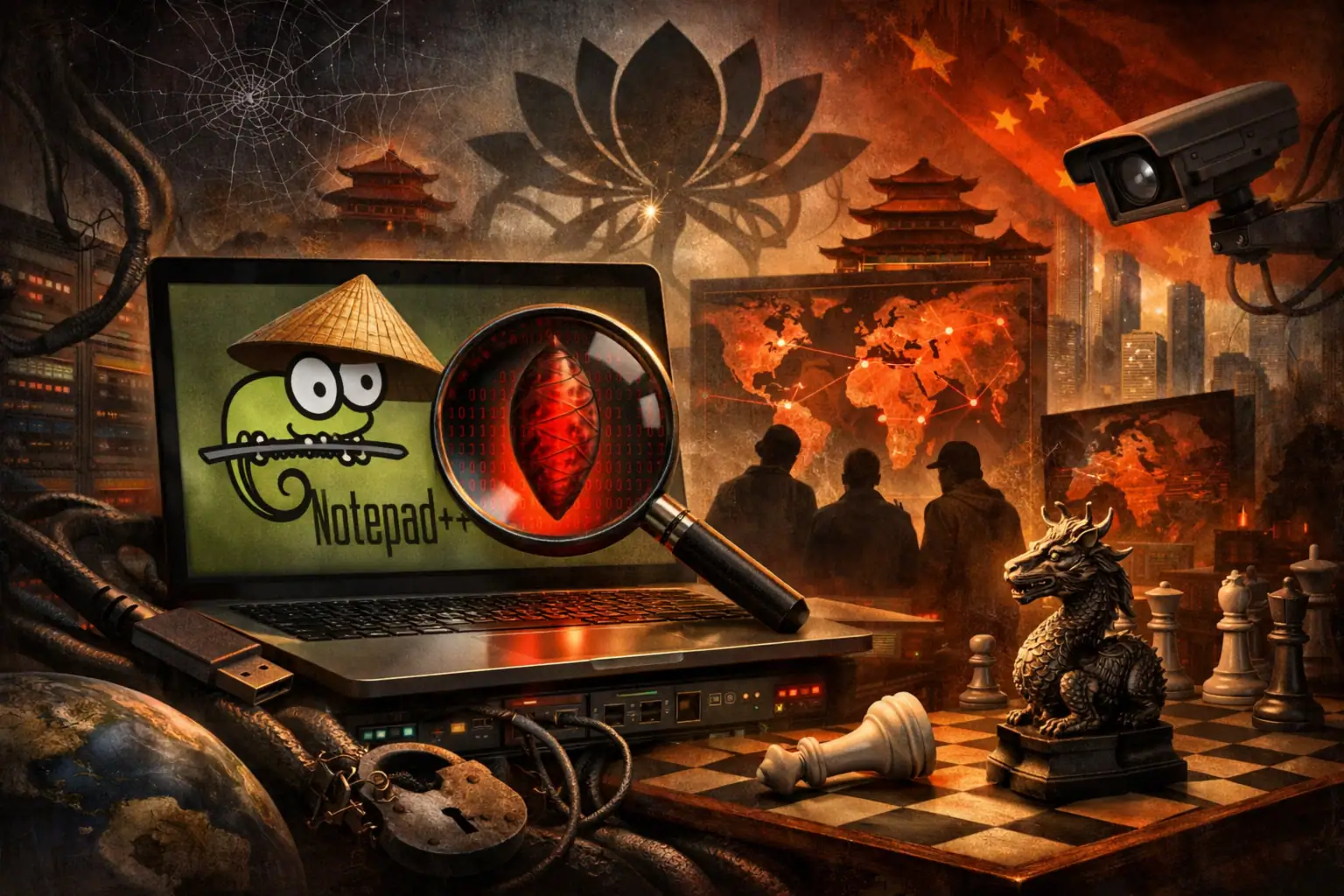 Kreative Darstellung eines Hackers mit Laptop und Schachbrett im Hintergrund.