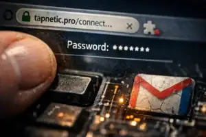 Hand hovering over a keyboard, accessing a password input field on a browser.