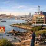 Затишний пейзаж з мостом Золоті ворота, людьми і дикими тваринами.