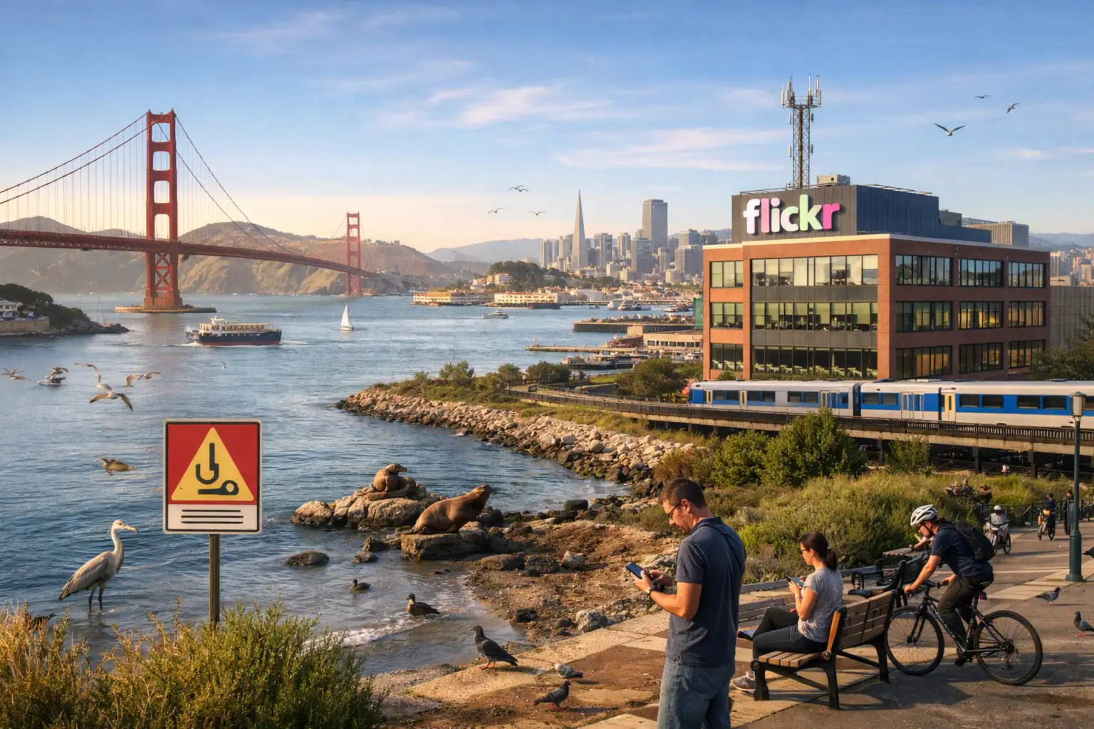 Залив с мостом, людьми и зданием Flickr на фоне городского пейзажа.