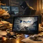 Dunkler Raum mit einem Tablet, das PayPal-Details zeigt, umgeben von Papiere und einem Schloss.