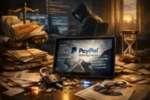 Dunkler Raum mit einem Tablet, das PayPal-Details zeigt, umgeben von Papiere und einem Schloss.