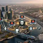 Vista panorámica de una ciudad con iconos de ciberseguridad y advertencias.