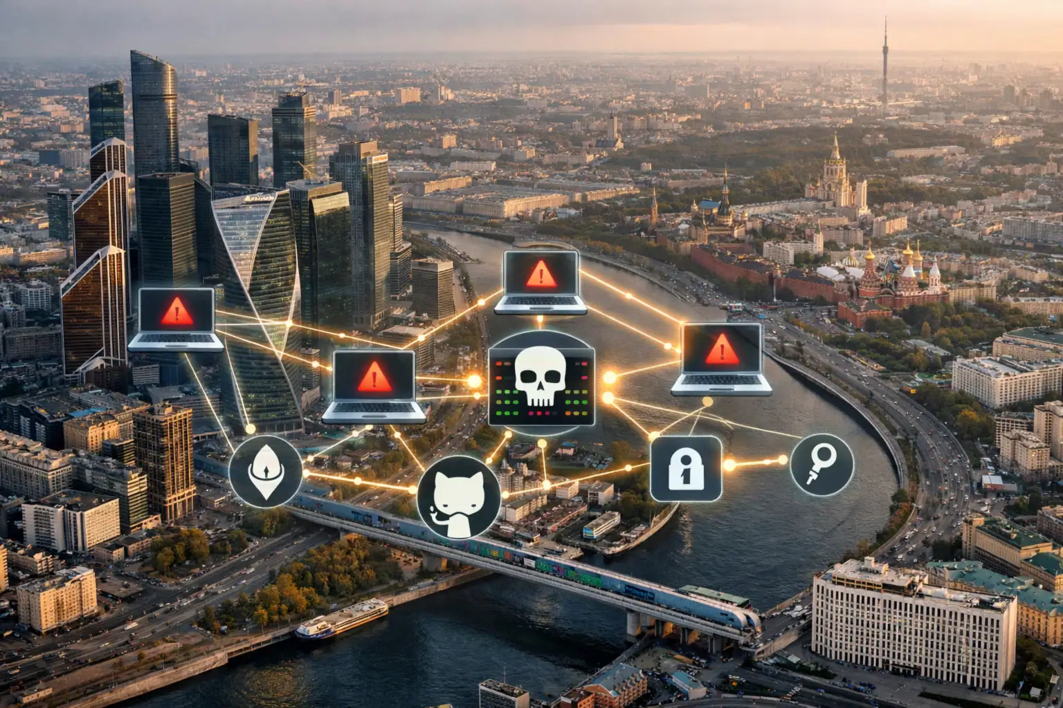 Grafische Darstellung vernetzter Computer mit Warnsymbolen über einer Stadtlandschaft.