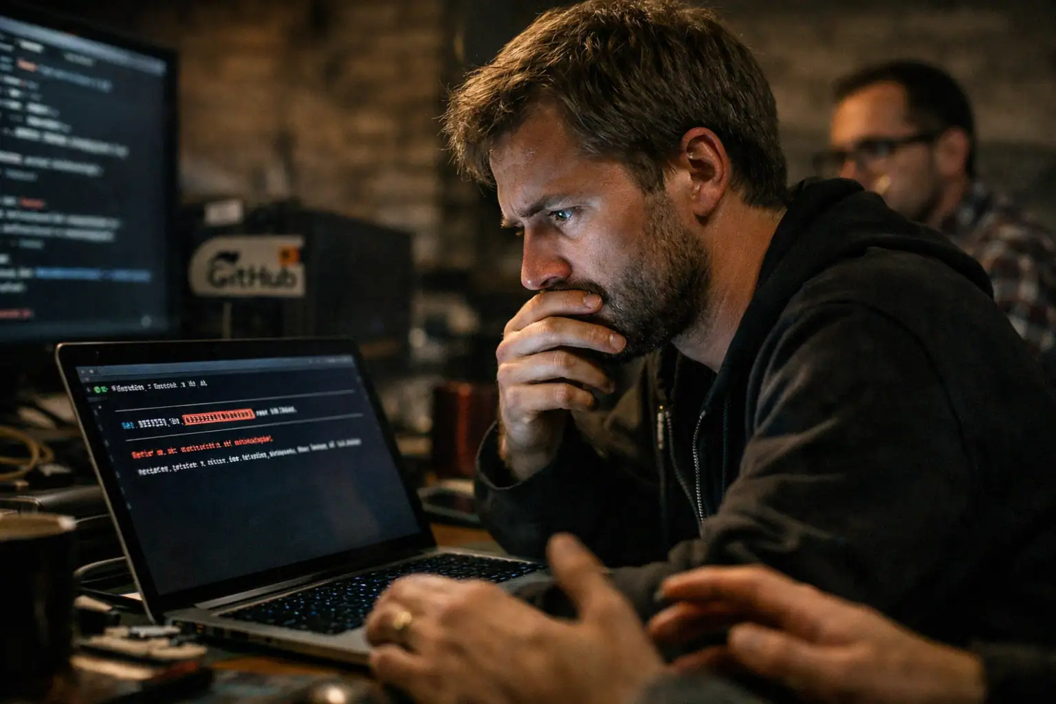 Hombre concentrado en su laptop mientras trabaja en programación.