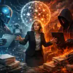 Frau zwischen einem Roboter und einem Hacker, umgeben von Chaos und Technologie.