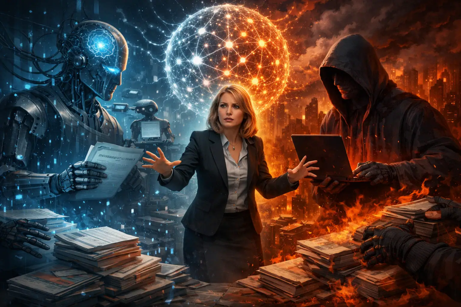 Frau zwischen einem Roboter und einem Hacker, umgeben von Chaos und Technologie.