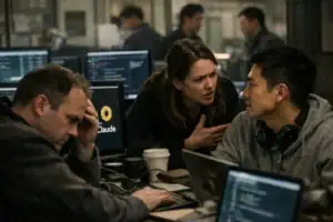 Team discusses urgent issues in a tech workspace surrounded by computers.