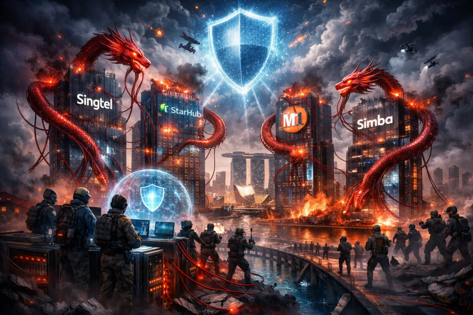 Soldiers and digital dragons clash in a fiery urban landscape with corporate logos.