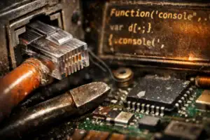 Close-up of a dusty Ethernet connection with circuit board and code display.