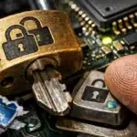 Key inserted into a padlock, set against a circuit board background.