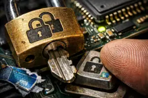 Key inserted into a padlock, set against a circuit board background.